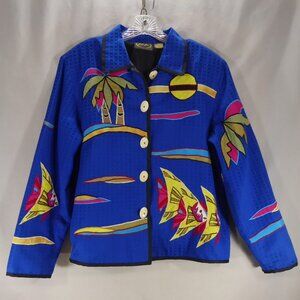 Womens Juilia Kim Blue Artwear Blazer Jacket Embroidered Angelfish Palm Trees M